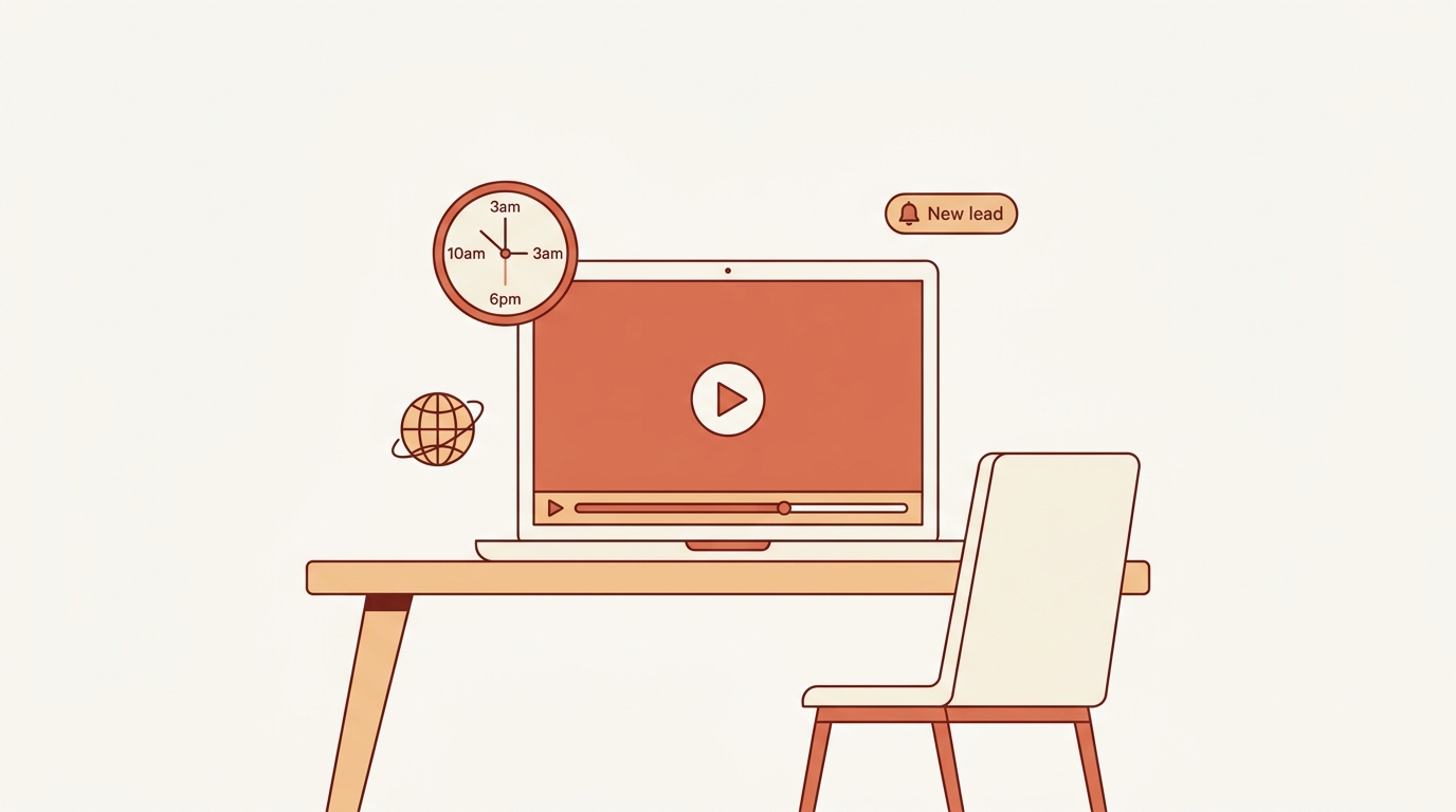 Illustration of a laptop playing a webinar on autopilot with timezone clocks and a new lead notification, empty chair