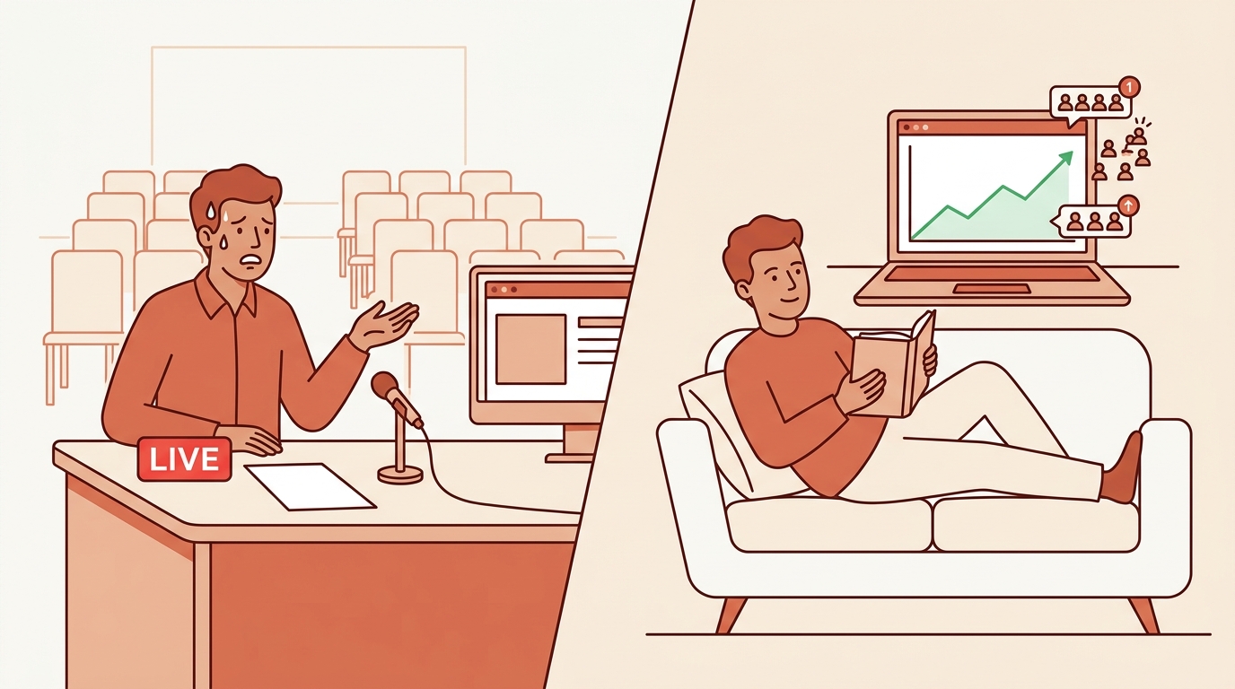 Split comparison showing a stressed coach presenting live to empty seats versus the same coach relaxed while the webinar runs on autopilot with growing signups