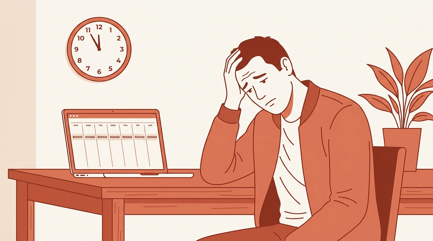 Illustration of a tired coach at a desk with a calendar full of repeating webinar events